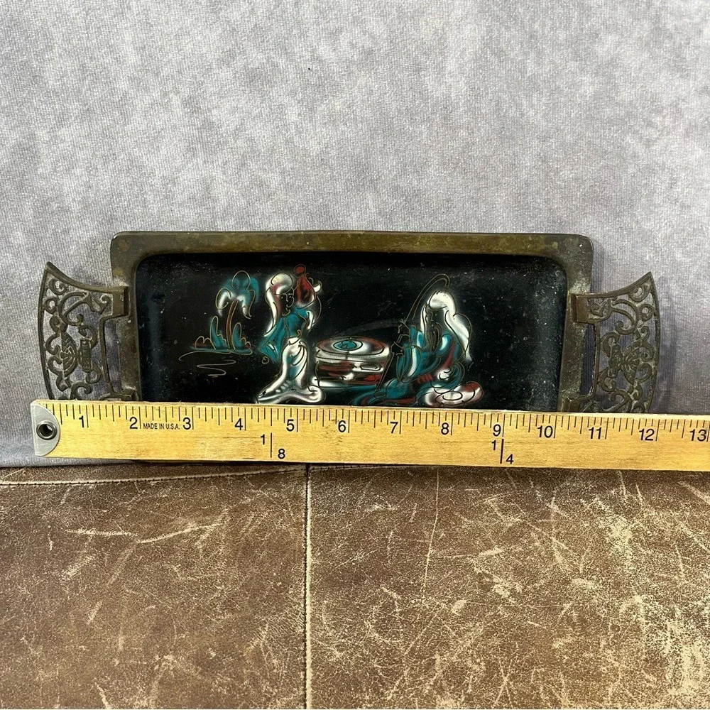 Israel Vintage Brass Enamel Tray Black Gold Hand Painted MCM Filigree Art Plate